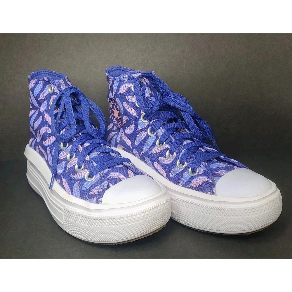 Converse Platform High Top Sneakers Kids 3.5 Purple Feather Print Shoes
